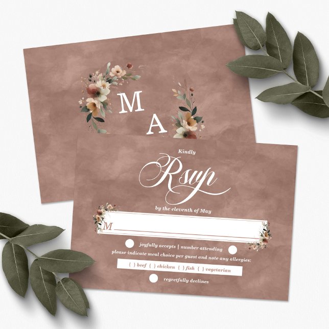 Ethereal Elegance Rosewood Boho Floral Wedding RSVP Card (Ethereal Elegance Meal Choice RSVP available in 6 colorways to Mix & Match.)