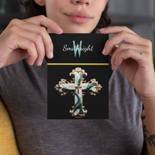 Ethereal Elegance: White and Green Cross on Black Postcard (Creator Uploaded)