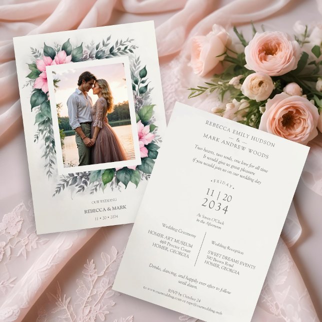 Ethereal & Enchanting Botanical Soft Floral Photo  Invitation (Ethereal & Enchanting Botanical Soft Floral Photo Frame in Pink Wedding Invitations Cards.)
