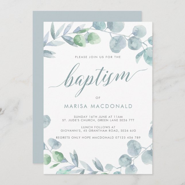 Ethereal Eucalyptus Dusty Blue Baptism Invitation (Front/Back)