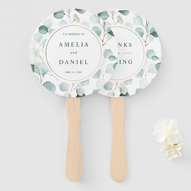 Ethereal Eucalyptus Gold  Frame Greenery Wedding Hand Fan (Front and Back)