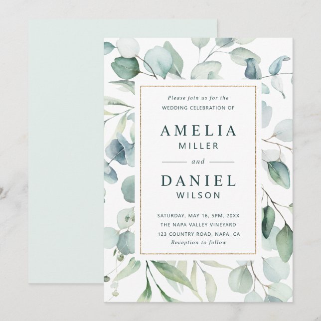 Ethereal Eucalyptus Gold Frame Greenery Wedding Invitation (Front/Back)