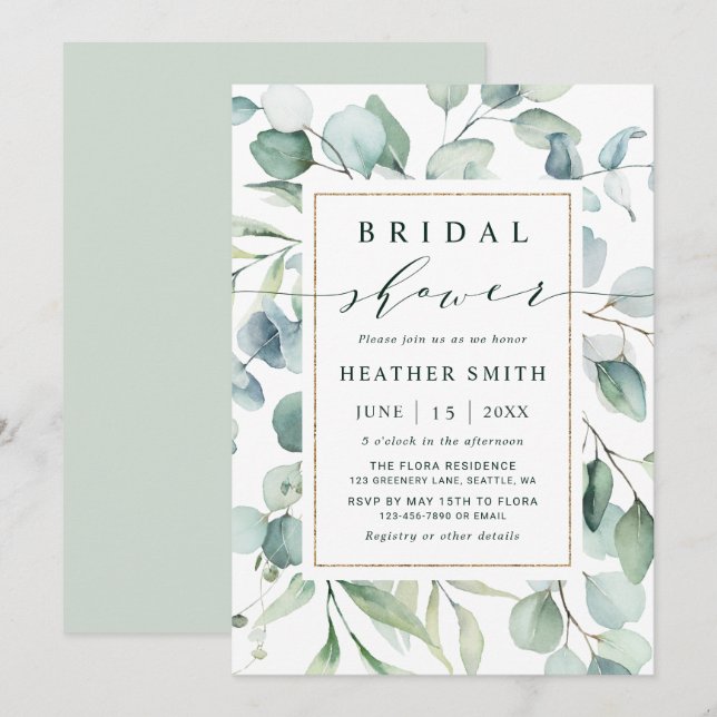 Ethereal Eucalyptus Gold Greenery Bridal Shower Invitation (Front/Back)