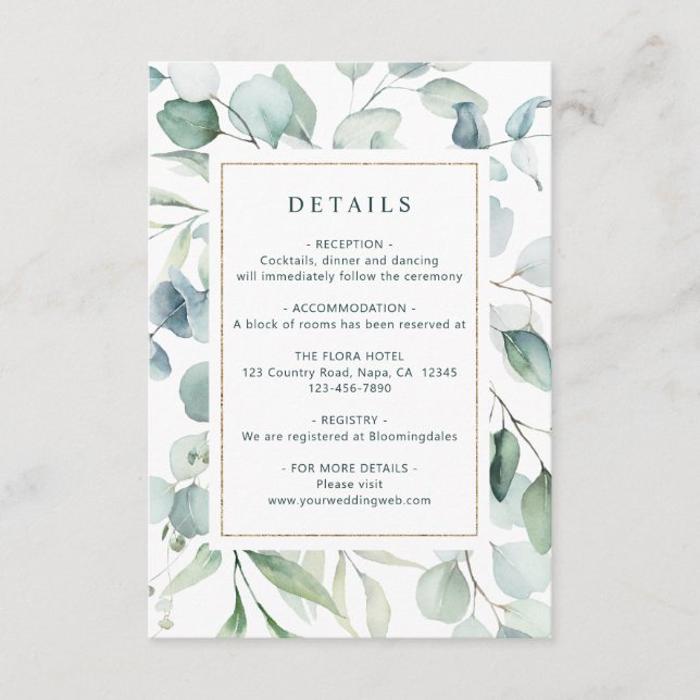 Ethereal Eucalyptus Gold Greenery Wedding Details Enclosure Card (Front)