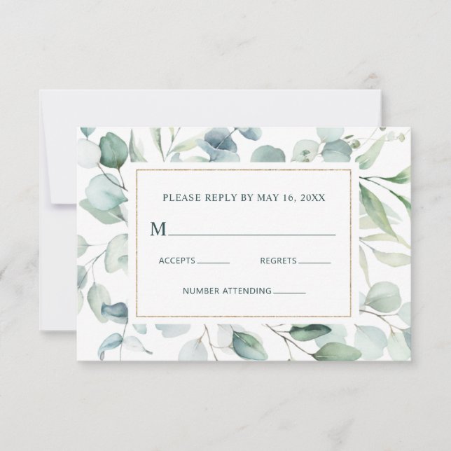 Ethereal Eucalyptus Gold Greenery Wedding RSVP Card (Front)