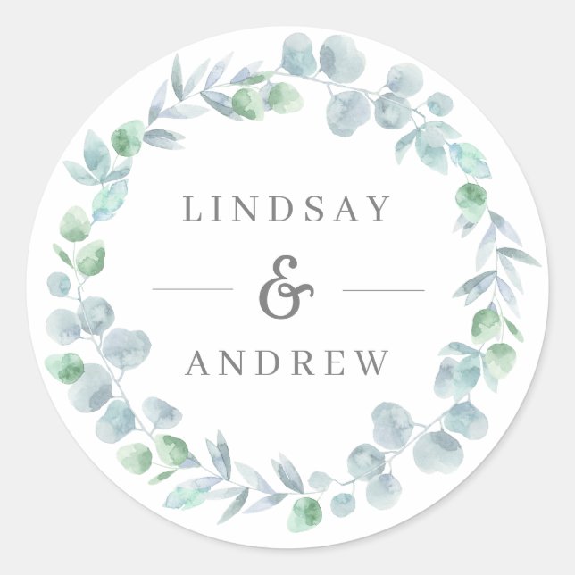 Ethereal Eucalyptus Wreath Blue Wedding Favour Sea Classic Round Sticker (Front)
