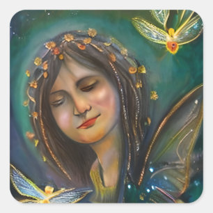 Ethereal Fairy Girl and Golden Butterfly Square Sticker