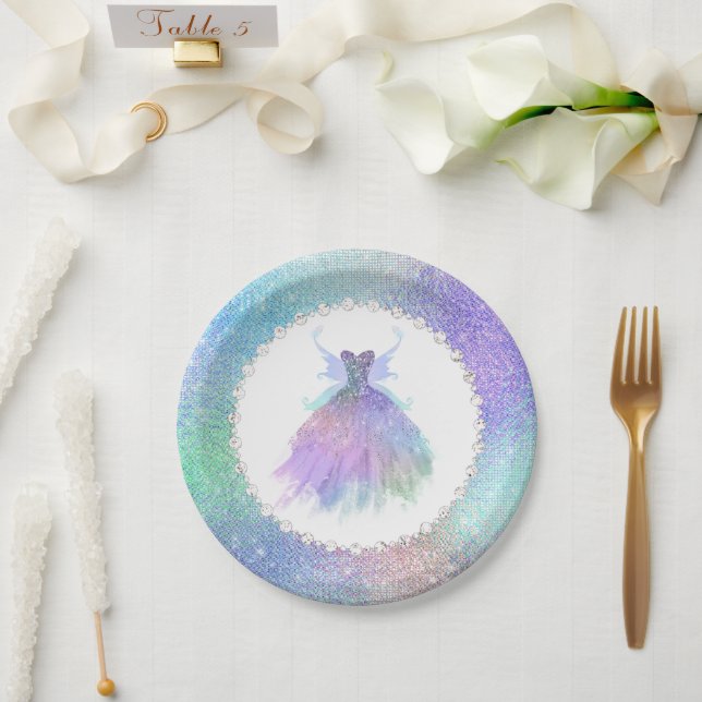 Ethereal Fairy Gown | Rainbow Ombre Pastel Sheen Paper Plate (Wedding)