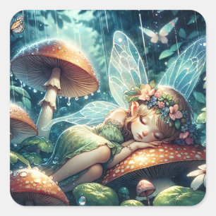 Ethereal Fairy Sleeping on a Mushroom Square Sticker