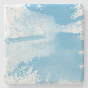 Ethereal Fantasy Blue, White Winter River Stone Coaster