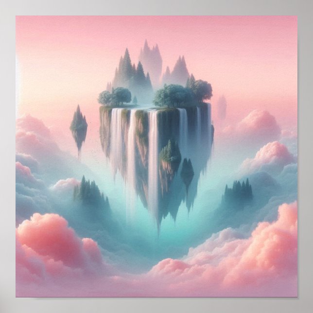 Ethereal Floating Islands and Waterfalls in Pastel Poster (Front)