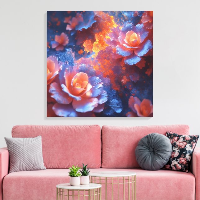 Ethereal Floral Energy – Blue & Fiery Rose Art Canvas Print (Insitu(LivingRoom))