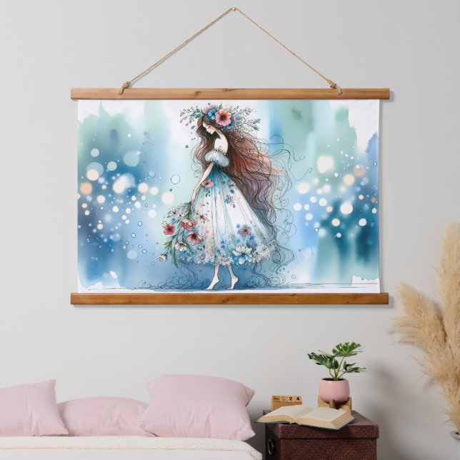 Ethereal Flower Fairy in Watercolor Dreamscape Hanging Tapestry (Bedroom)