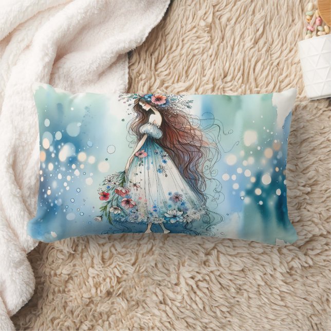 Ethereal Flower Fairy in Watercolor Dreamscape Lumbar Cushion (Blanket)