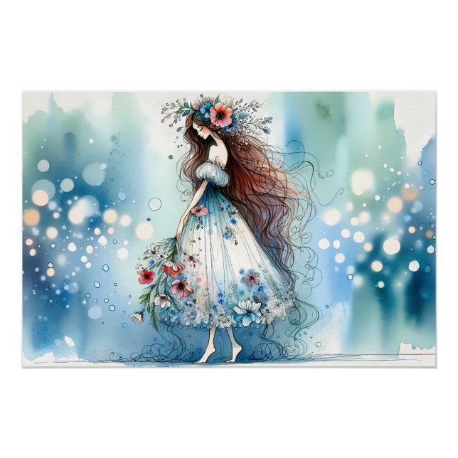 Ethereal Flower Fairy in Watercolor Dreamscape Poster (Front)