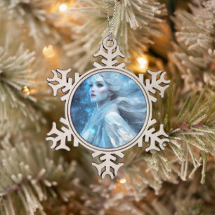 Ethereal Frozen Snow Queen Fantasy Art Snowflake Pewter Christmas Ornament