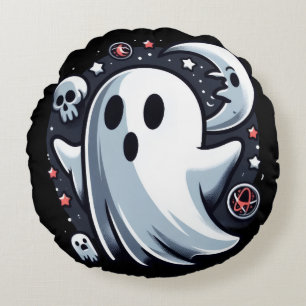 Ethereal Ghost with Moon & Skulls Spooky Halloween Round Cushion