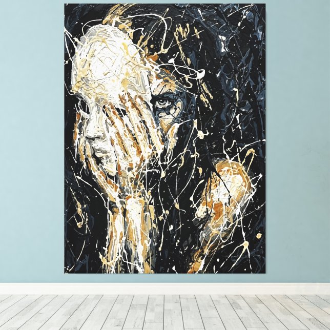 Ethereal Ghostly Face Abstract Dripping Art Black  Canvas Print (Insitu(Wood Floor))