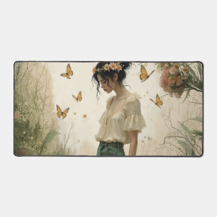 Ethereal Girl with Butterflies in Nature Desk Mat