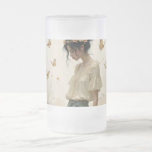 Ethereal Girl with Butterflies in Nature Frosted Glass Beer Mug