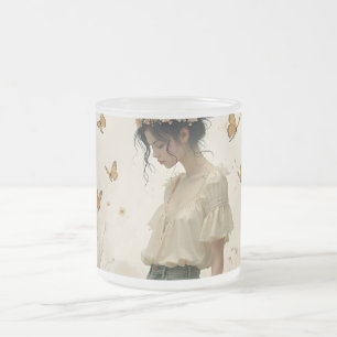 Ethereal Girl with Butterflies in Nature Frosted Glass Coffee Mug