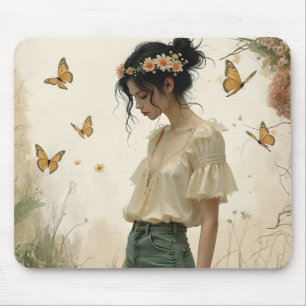 Ethereal Girl with Butterflies in Nature Mouse Mat