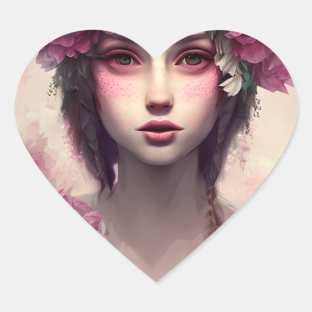 Ethereal Girl with Pink Freckles Heart Sticker (Front)
