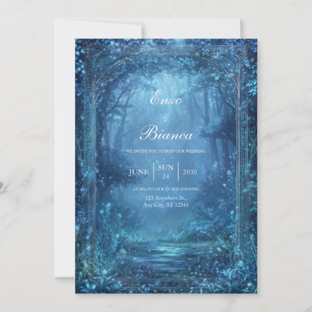 Ethereal Glowing Blue Magic Forest Wedding Invitation (Front)