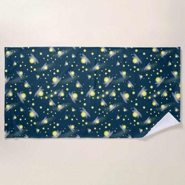 Ethereal Glowing Fireflies at Night Pattern Beach Towel (Front)
