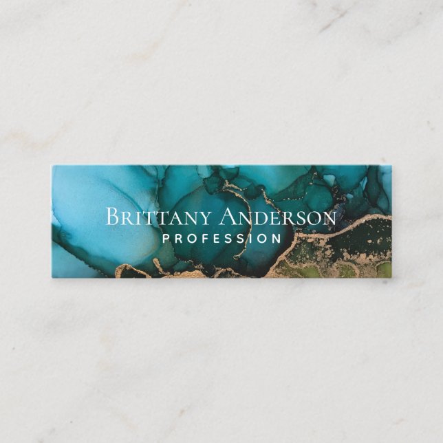 Ethereal Gold Black Teal Abstract Custom Mini Business Card (Front)