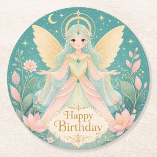Ethereal Golden-Winged Fairy Angel Round Paper Coaster