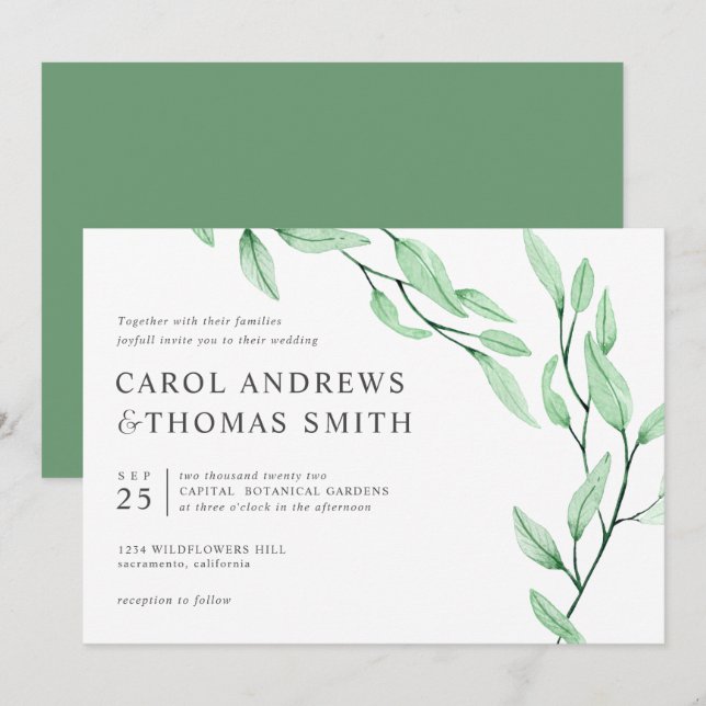 Ethereal Green | Chic Botanical Leaves wedding Invitation (Front/Back)