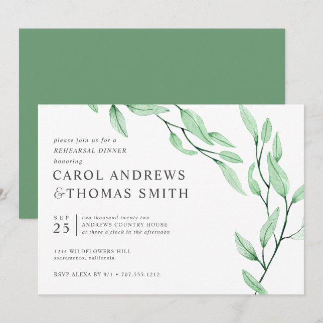 Ethereal Green  | Chic Botanical Rehearsal Dinner Invitation (Front/Back)