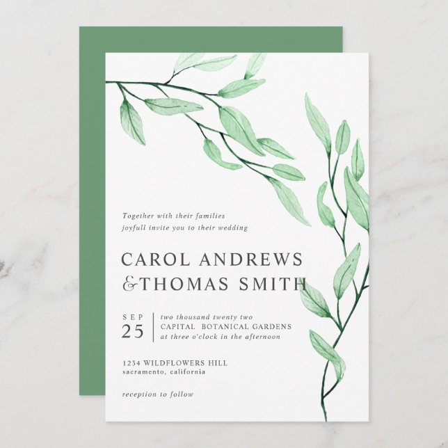 Ethereal Green | Vertical Botanical Leaves wedding Invitation (Front/Back)
