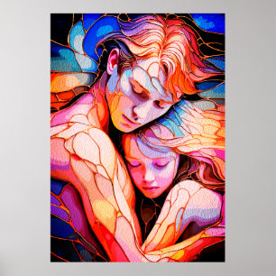 Ethereal Guardian Embrace – Fantasy Stained Glass Poster