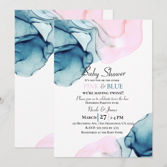 Ethereal Inky Teal Pink & Blue Boy Girl Twins Invitation (Front/Back)