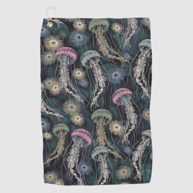 Ethereal Jellyfish and Anemones in Teal and Pink Golf Towel (Front)