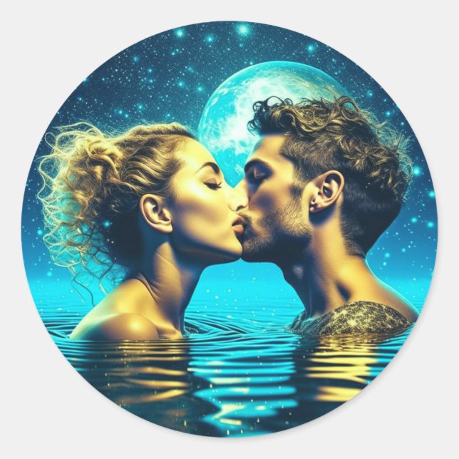 Ethereal Kiss Under the Moon in the Calm Ocean Classic Round Sticker (Front)