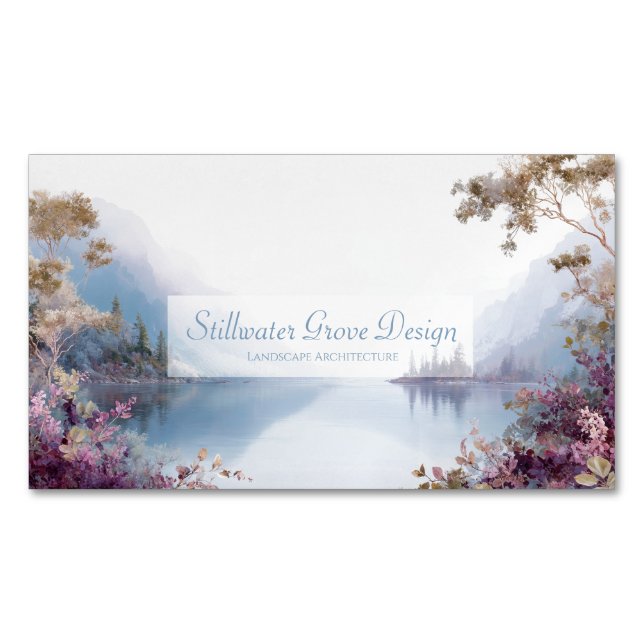 Ethereal Lake Purple Botanical Gold Magnetic Business Card (Front)