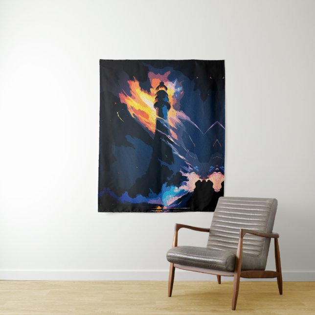 Ethereal Lighthouse – Dramatic Seascape Tapestry (In Situ)