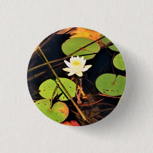 "Ethereal Lily Pad Pond with Central White Blossom 3 Cm Round Badge