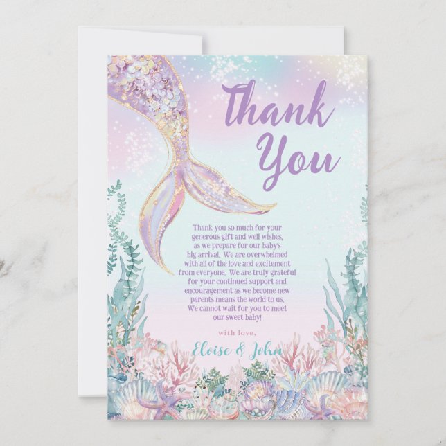 Ethereal Little Mermaid Girl Baby Shower Thank You Card (Front)