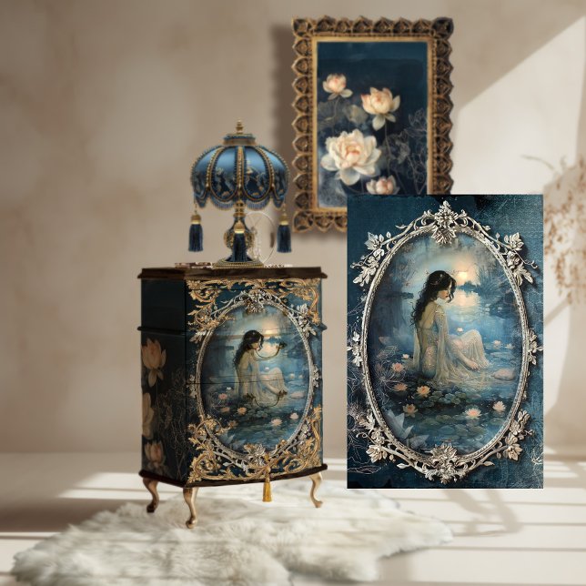 Ethereal Lotus Moon Portrait & Floral Fantasy Tissue Paper (Lotus Moon, Dark Blue, Ethereal Portrait, Digital Mixed Media Effects Art, Decoupage Tissue Paper)