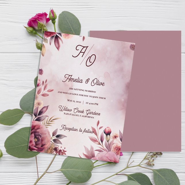 Ethereal Mauve Romantic Luxury Wedding Invitation Postcard (Ethereal Mauve Fine Art Floral Wedding Invitation | Romantic Luxury Blush Wedding Invitation)