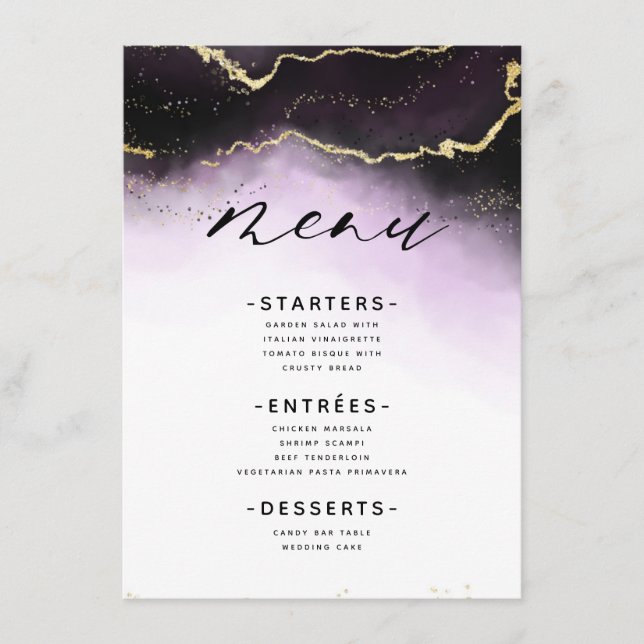 Ethereal Mist Ombre Amethyst Purple Gilded Dinner Menu (Front)