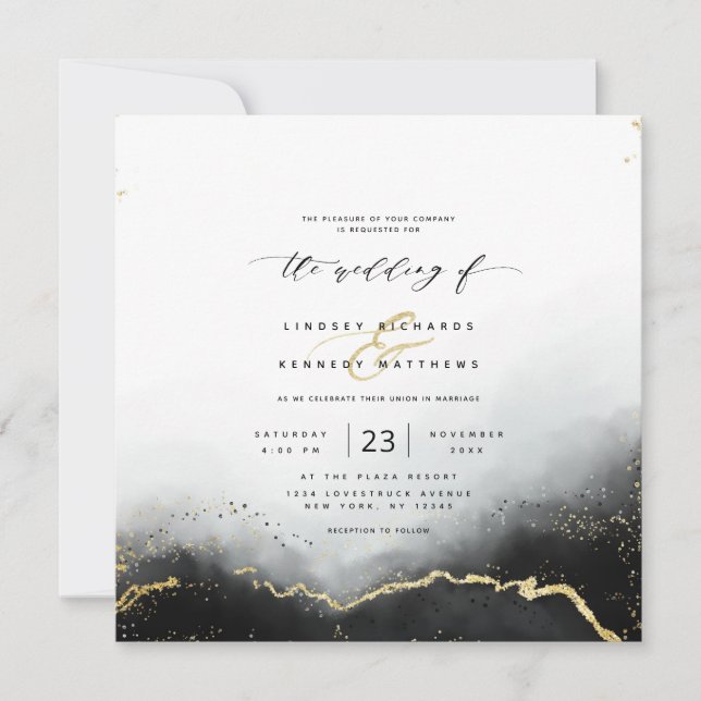 Ethereal Mist Ombre Black Luxury Square Wedding Invitation (Front)