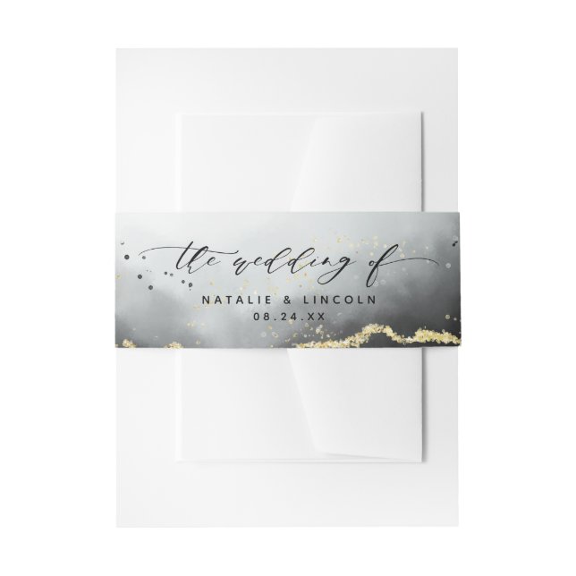 Ethereal Mist Ombre Black Moody Wedding Monogram Invitation Belly Band (Front Example)