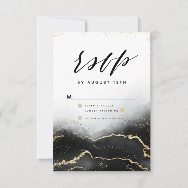 Ethereal Mist Ombre Black Watercolor Moody RSVP Card (Front)