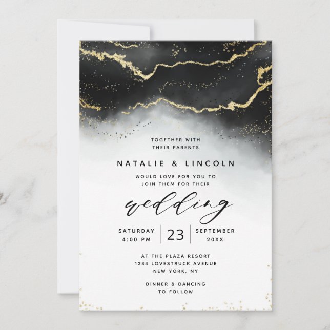 Ethereal Mist Ombre Black Watercolor Moody Wedding Invitation (Front)