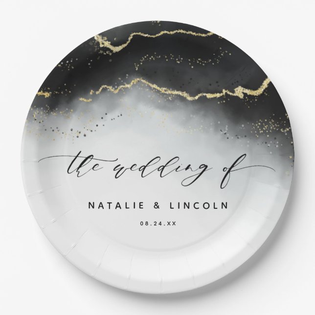 Ethereal Mist Ombre Black Watercolor Moody Wedding Paper Plate (Front)
